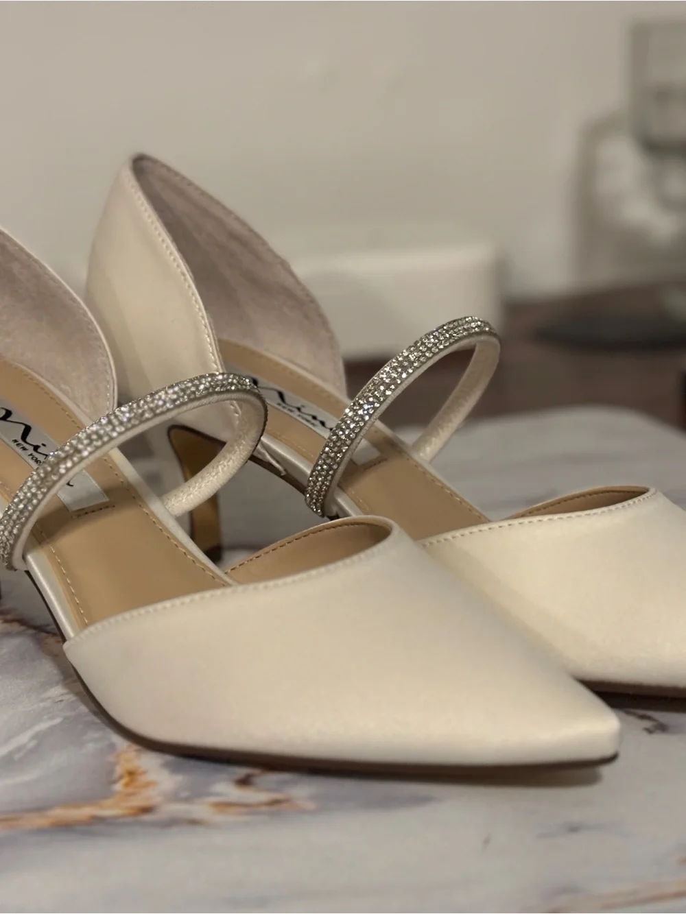 Nina Cream Satin Pointed-Toe Heels with Crystal Strap